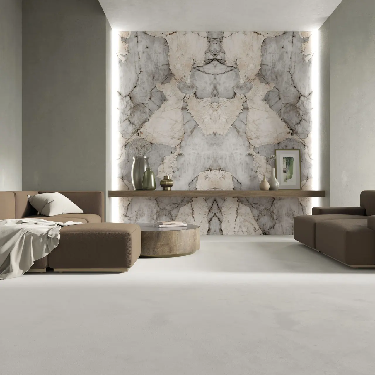 Bookmatched stone feature wall in an architectural living space